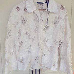 NWT Samuel Dong Cocktail 2 way Zip Jacket Blouse Top L White Appliqué Tulle Lace